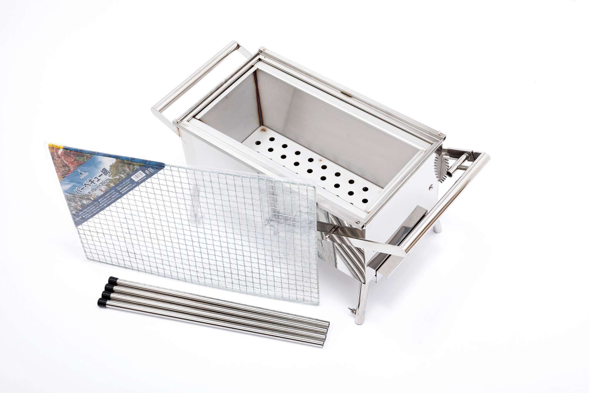  - 本体（ロストル1個、灰汁受け皿1枚）、網（300mm×450mm）1枚、脚4本セット。 -  - 