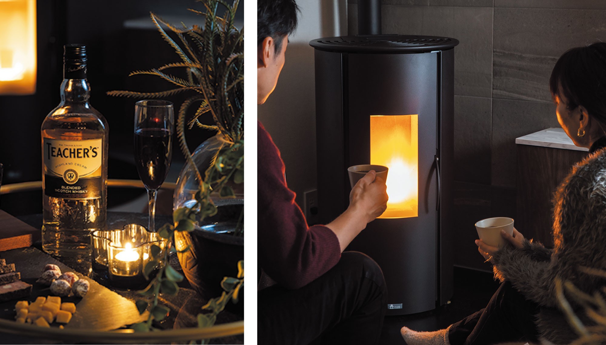 冬はストーブの火を眺めて、のんびりと。 - リビング:ペレットストーブの温もりに、家族が自然と集まるゆったりとした空間 - -