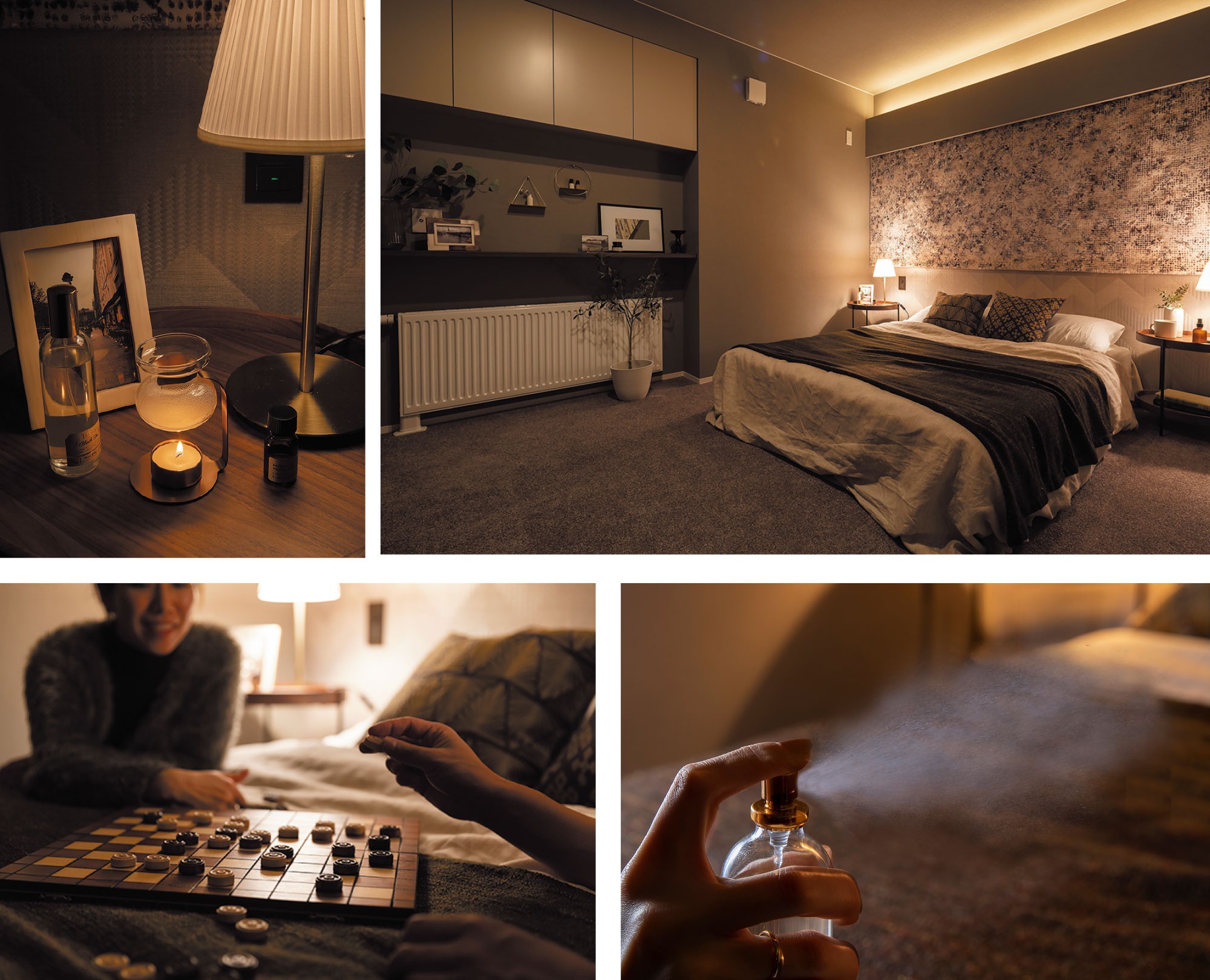 ホテルライクなベッドルームは、もう1つのリビング。 - ベッドルーム:本を読んだりゲームをしたり。じゅうたんフロアと間接照明で、眠るまえの一時に癒されるベッドルーム。壁面に収納も造り付け、ホテルのようにスッキリと保てます - -