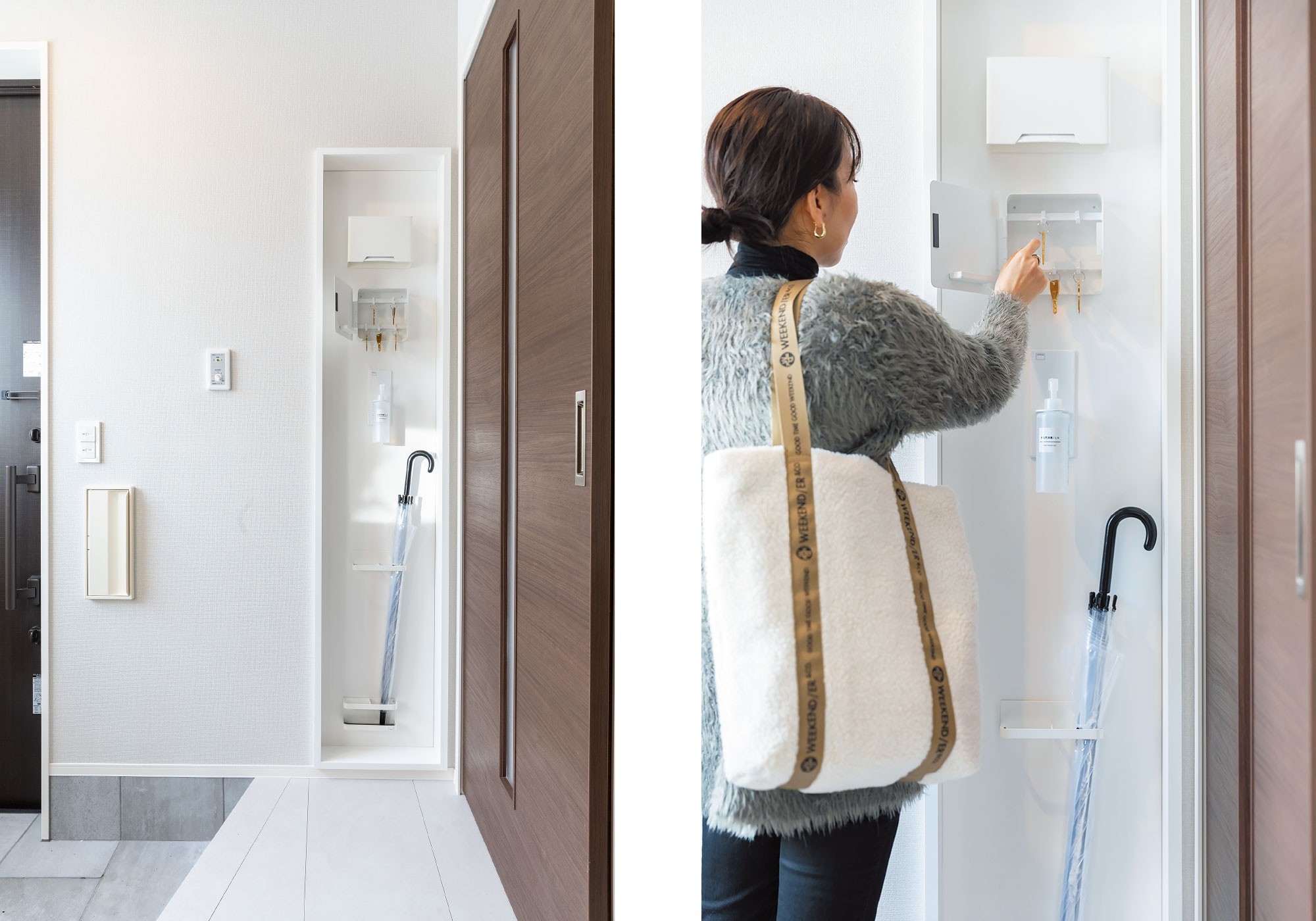 玄関は、カベの「マグネット収納」で、モノの居場所をわかりやすく。 - マグネットになっている壁に、磁石でくっつく収納アイテムを。キーボックスや傘かけなど、玄関にあると便利なモノを好みで増やしていけます。 - -