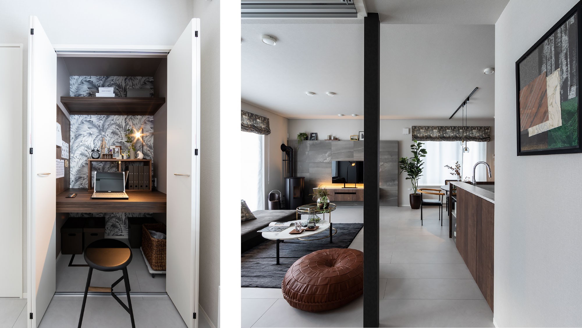 - たとえば収納。リモートワークの時期は書斎にしたり、子どもが生まれたらミシンコーナーやおもちゃボックスに。ゆとりある造作収納が、家族の変化に対応します。 - -