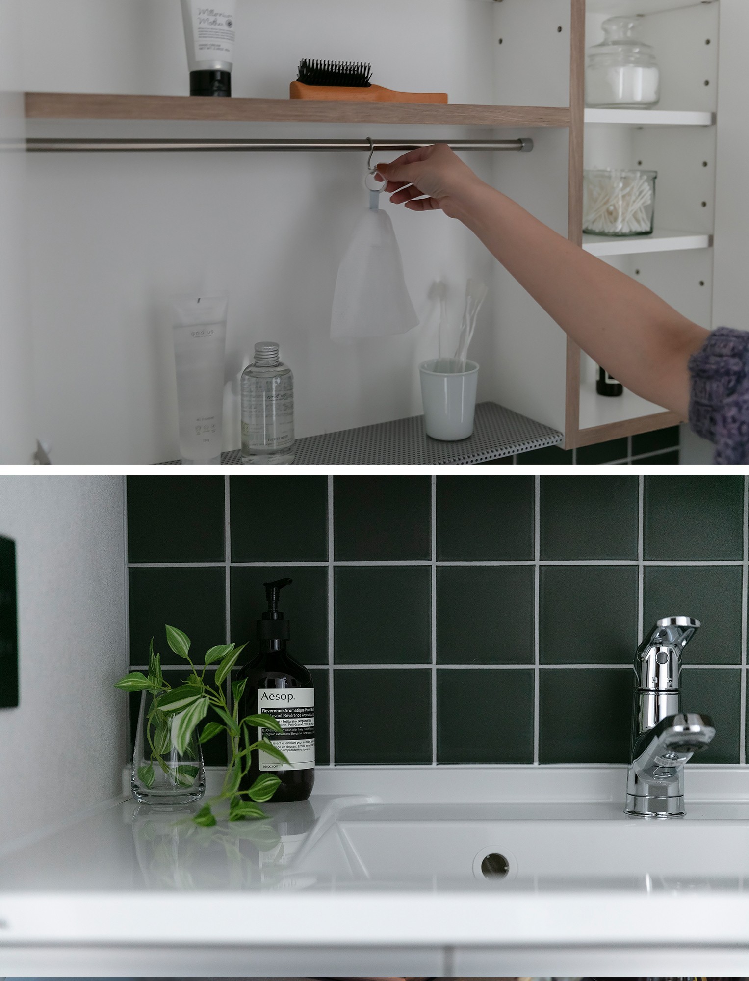  - 独立型洗面のミラー収納。&nbsp;鏡のウラが収納になっているので、使うものをサッと取り出せます。&nbsp;大きめスクエアタイルで、北欧のようなやさしい雰囲気に。 -  - 