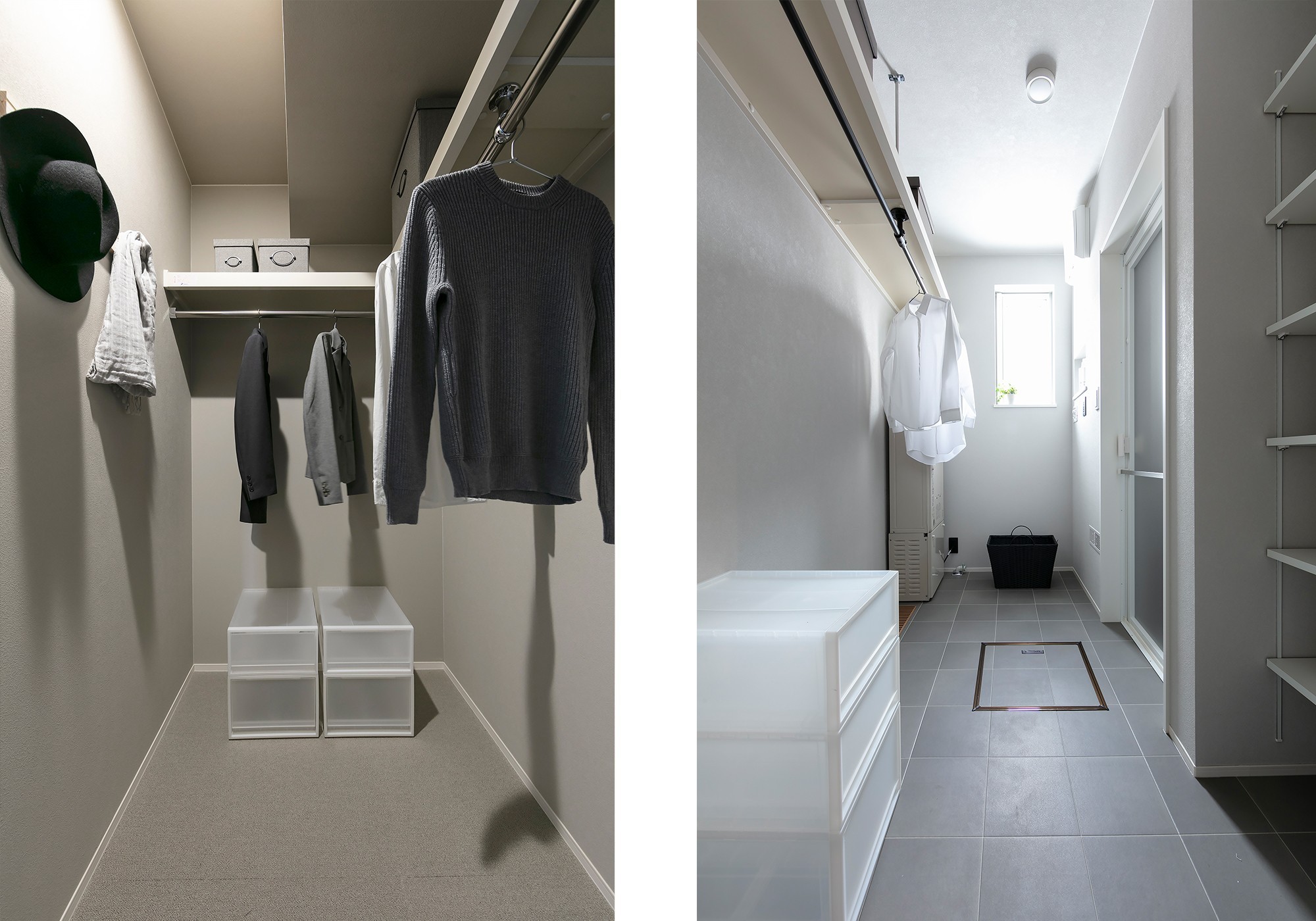 洗濯からクローゼットまで、スムーズな動線。 - 広々とした洗濯・脱衣室には、タオルやパジャマを収納できるリネン棚を。&nbsp;たくさん干せるハンガーパイプと、乾いたらそのまま掛けられるウォークインクローゼットが便利です。 -  - 