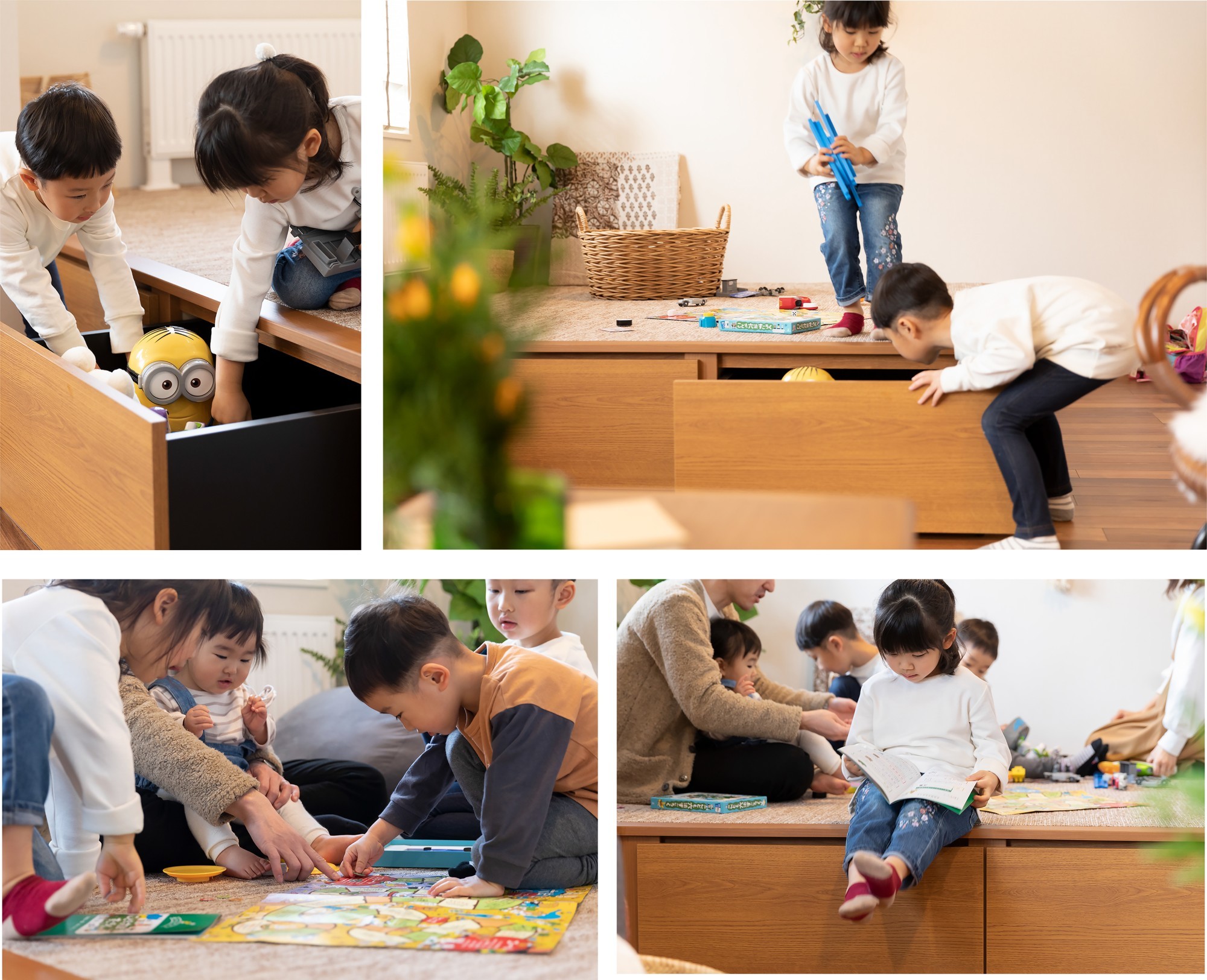  - 小上がりの下は収納になっているので、おもちゃの片付けも子どもたちだけであっという間。&nbsp;遊びやお昼寝にぴったりなキッズスペースです。&nbsp;大容量の収納付きで、布団もすっきり。&nbsp;来客時には寝室としても使えます。 -  - 