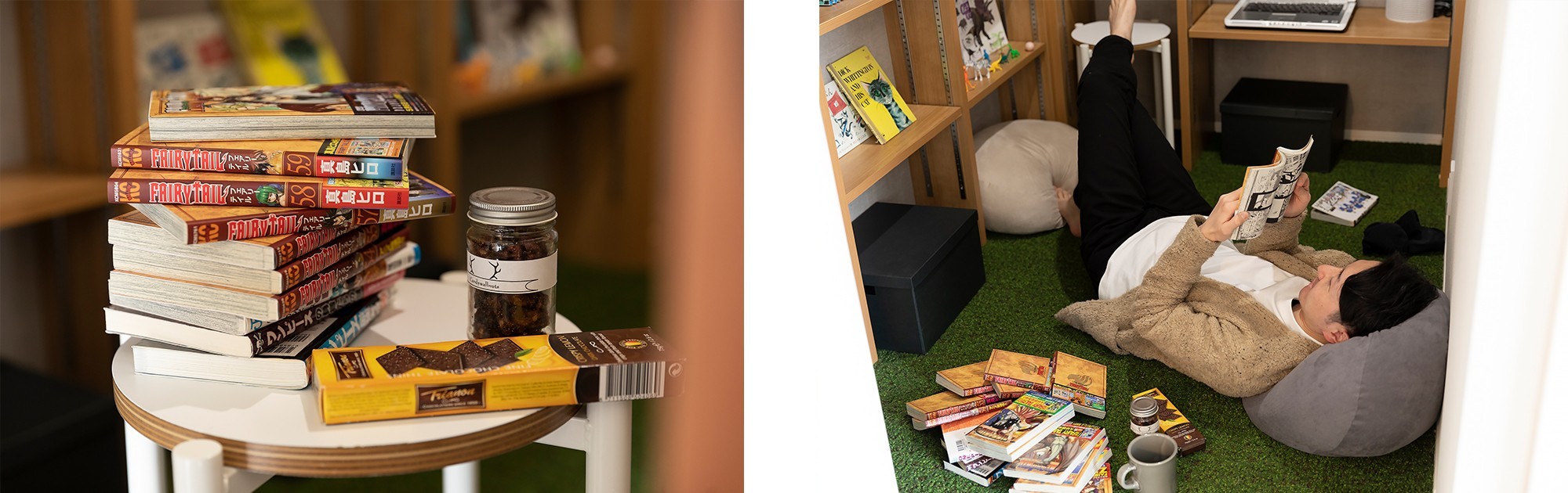  - 2階の突き当たり。&nbsp;隠れ家のような場所に、漫画愛あふれる“好き”が詰まった空間。&nbsp;大容量の本棚と、芝生のような絨毯フロアで、いくらでもゴロゴロOK。 -  - 