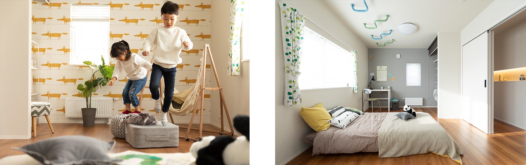  - 将来は2部屋に仕切れる子ども部屋。&nbsp;今はワンルームとして、のびのび遊べます。&nbsp;うんていやハンモック、トランポリンクッションで、&nbsp;雨の日でも思いきり体を動かせる空間に。 -  - 