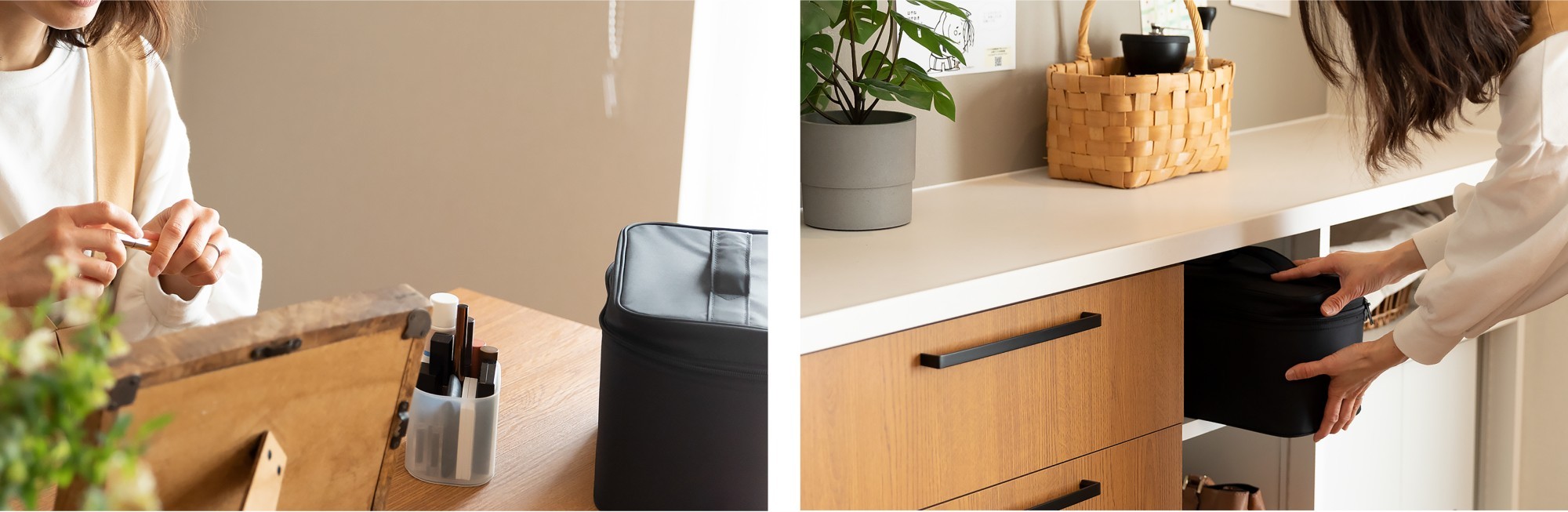  - 家族の予定を貼れる掲示ボードと、&nbsp;化粧ポーチをサッと取り出せる収納棚。&nbsp;ダイニングを書斎がわりに、毎日の準備もスムーズに。 -  - 