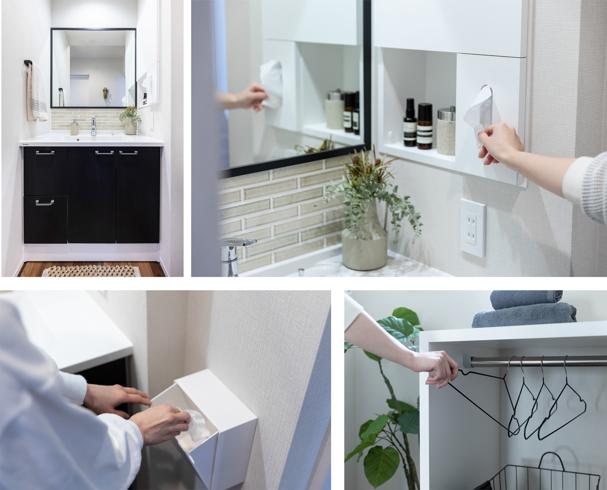  - 洗面台のサイドに、ティッシュBOX収納やゴミ箱を。&nbsp;洗濯室には、たっぷり使えるハンガー掛け。&nbsp;水まわりのちょっとした工夫で、使い勝手がぐんとアップします。 -  - 