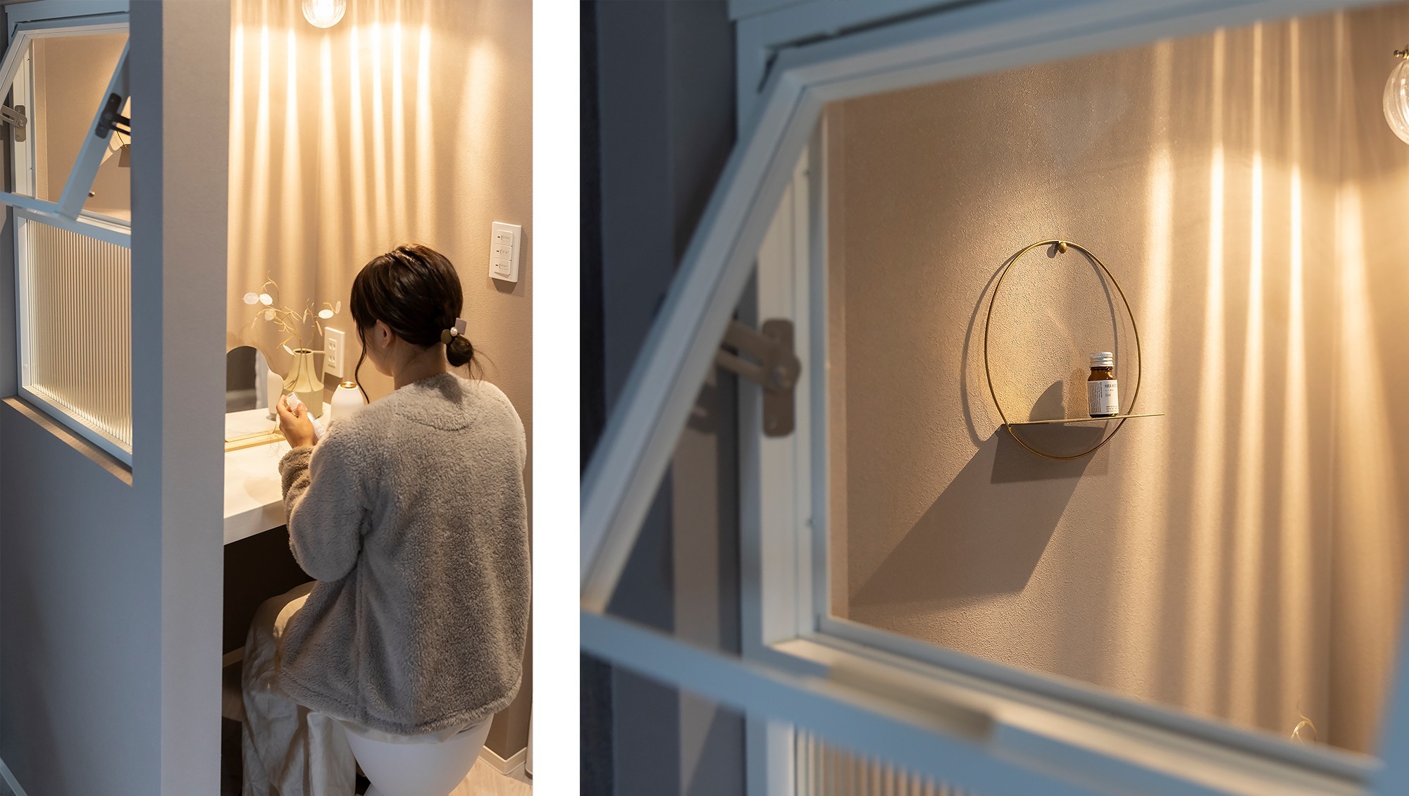  - メイクやスキンケアなど、子どもたちが寝たあとに&nbsp;ゆっくり自分時間を楽しめる空間です。&nbsp;寝室とウォークインクローゼットの、&nbsp;ちょっとしたスキマにつくれます。 -  - 