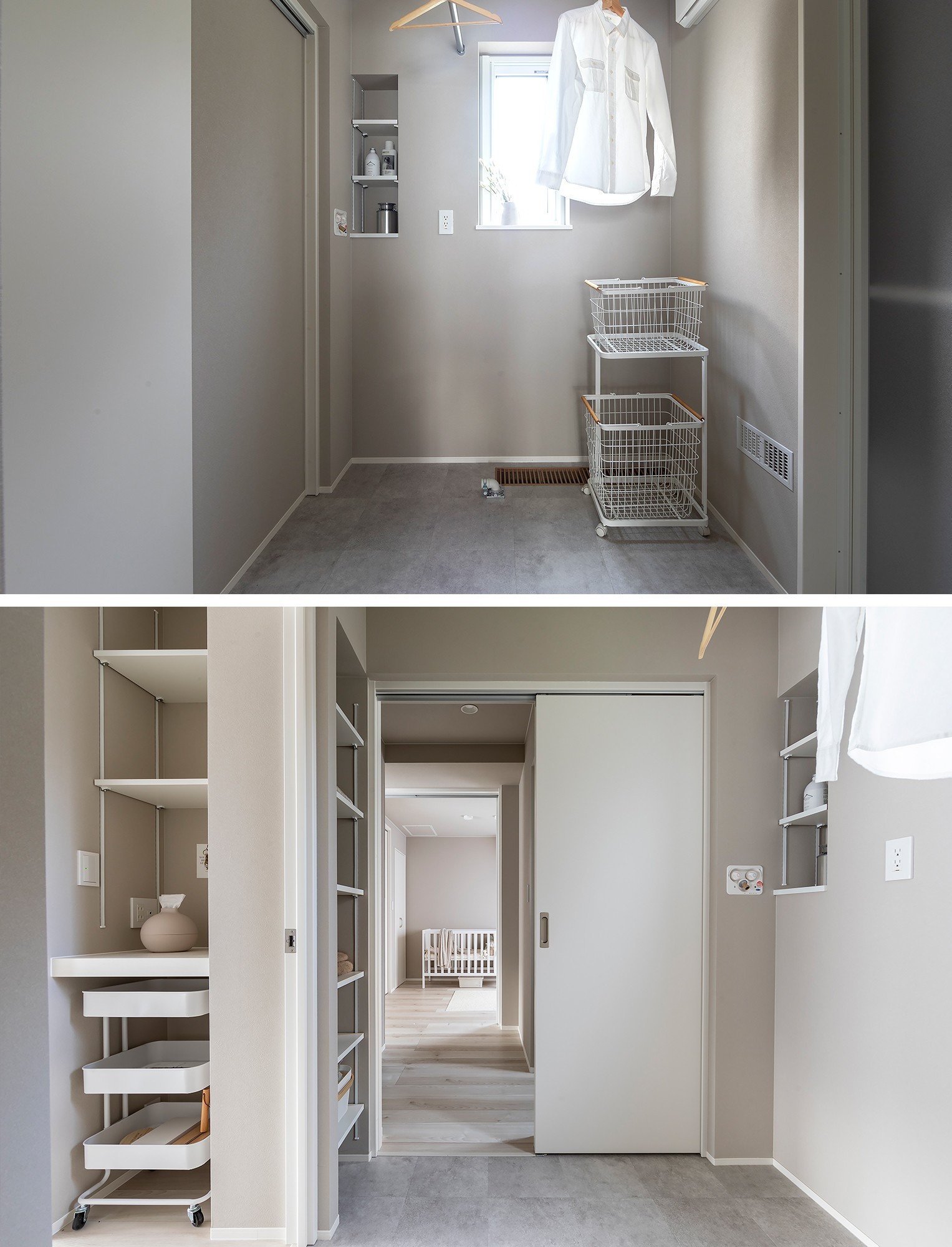 ユーティリティ - 収納たっぷりで、洗濯物を干しても広々。&nbsp;子ども部屋まで見通せる洗濯・脱衣室なので、&nbsp;家事をしながらでも安心して見守れます。 -  - 