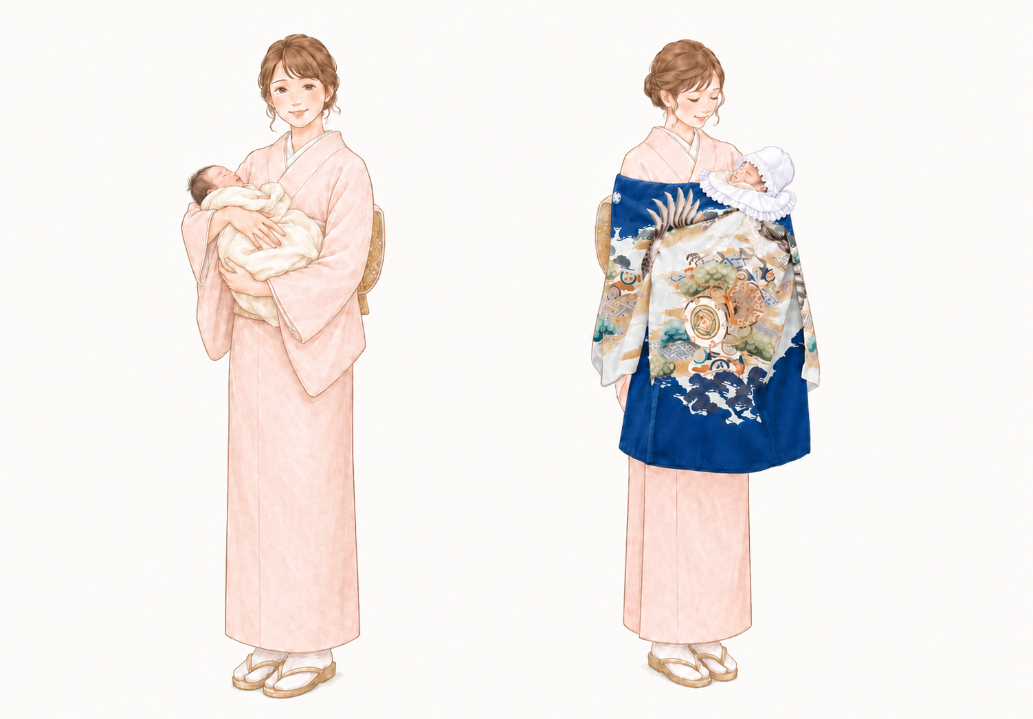 訪問着で赤ちゃんを抱っこする母親と御祝着（初着）の着用例