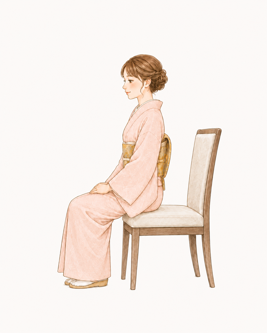 訪問着の女性が椅子に浅く腰を掛ける例