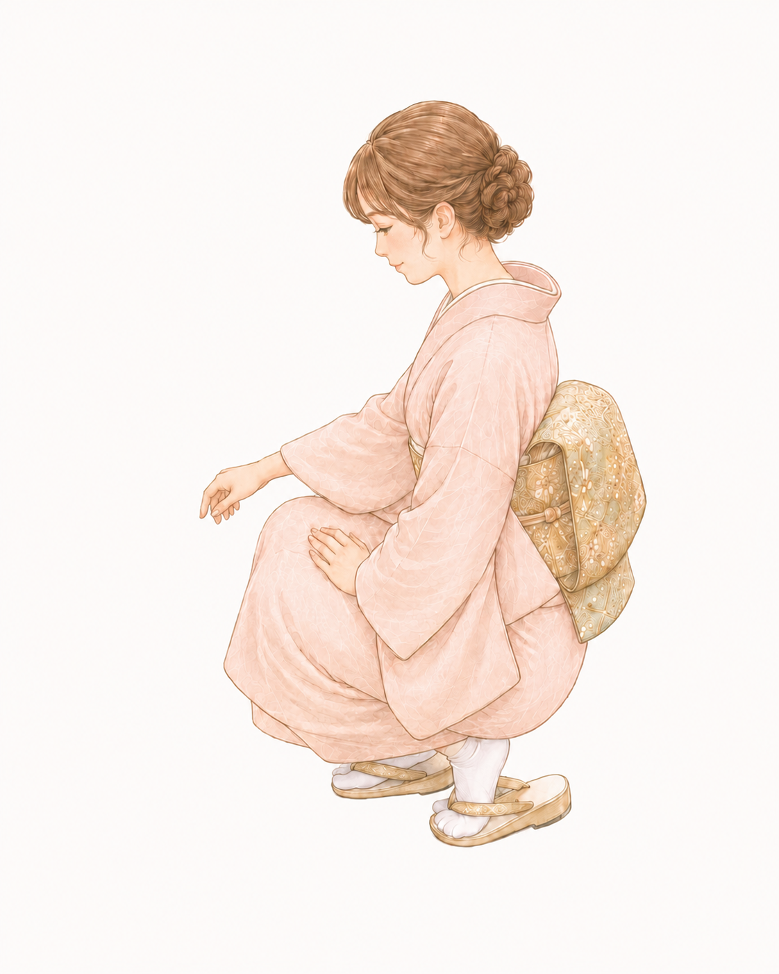 訪問着の女性がしゃがむ動作