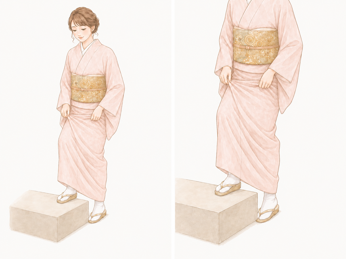 訪問着の女性が階段を上がるときに少し裾を引っ張っている様子