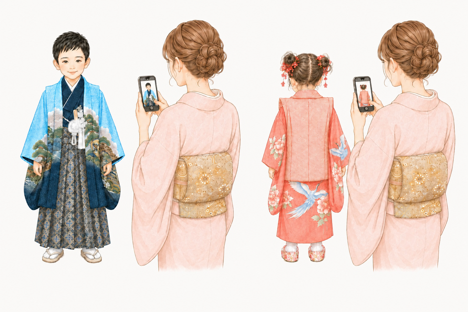 5歳の袴の男の子と3歳の被布の女の子の完成した着付けをスマホで撮影する様子