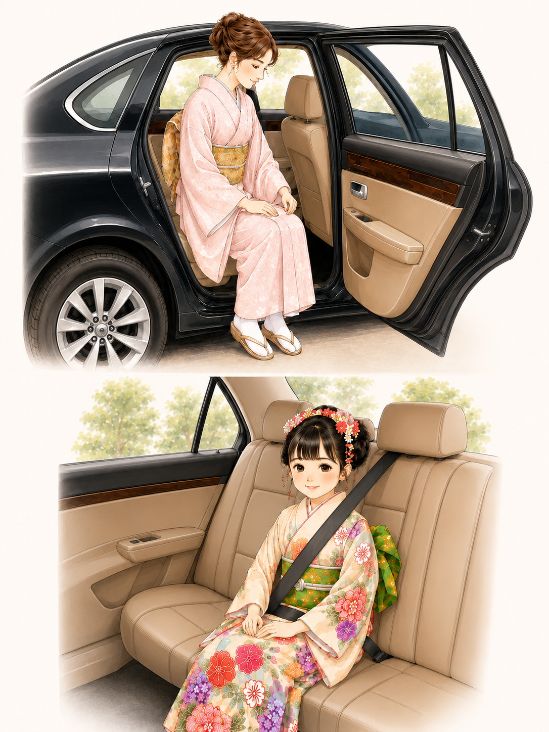 車に乗ろうとする訪問着の女性とシートベルトを着用する七五三の女の子